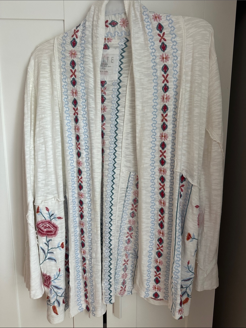 Caite 100% cotton Embroidered white Open-Front Cardigan with pockets
